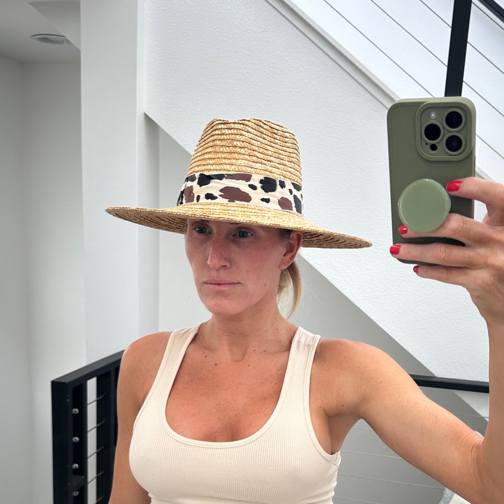 Brixton Joanna tan & black animal print straw hat wide brim summer versatile S - Picture 4 of 11